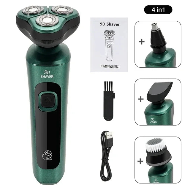 A green electric shaver shown with various attachments and accessories for shaving.