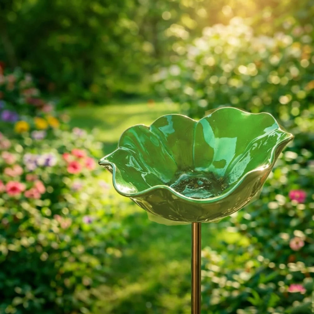 A handcrafted metal flower garden stake with a green bird bath sits in a lush, sunlit garden.