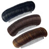 Three bundles of dark brown hair extensions shown with invisible root lifter combs for voluminous styling