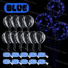 A collection of blue LED light-up balloons and string lights, including round and oval shapes.