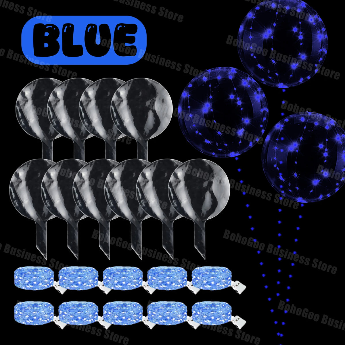 A collection of blue LED light-up balloons and string lights, including round and oval shapes.