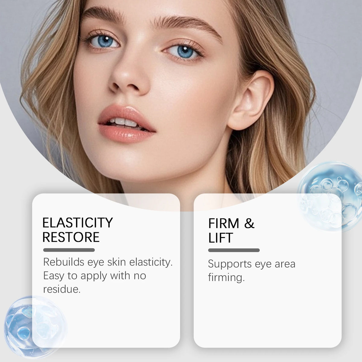 Close-up of a woman applying an eye cream, highlighting its elasticity restore and firming benefits.