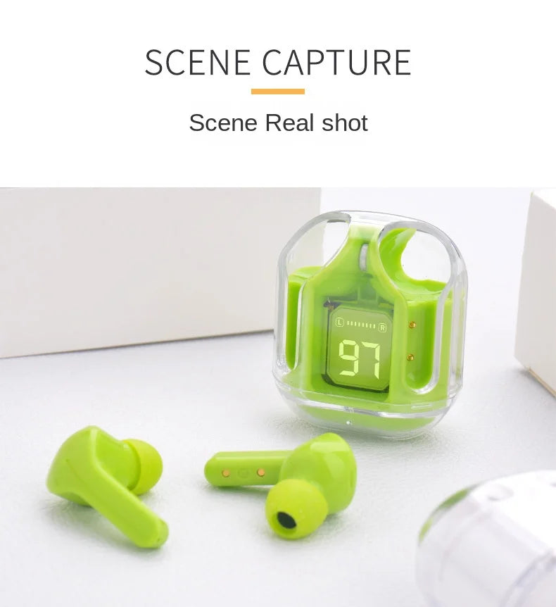 A lime green wireless earbud charging case with a digital display and an earbud shown on a white surface.