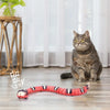 A gray cat is sitting next to an orange and black interactive electric snake toy on a wooden floor.