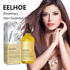 A bottle of EELHOE Rosemary Hair Essential Oil next to its packaging, shown with a woman's hair.