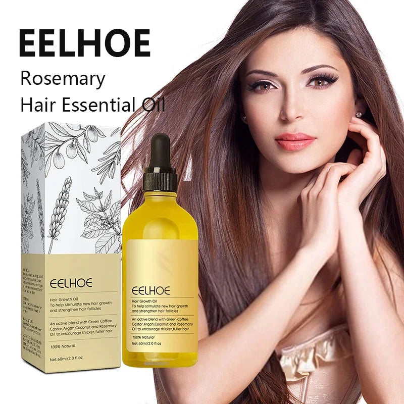 A bottle of EELHOE Rosemary Hair Essential Oil next to its packaging, shown with a woman's hair.