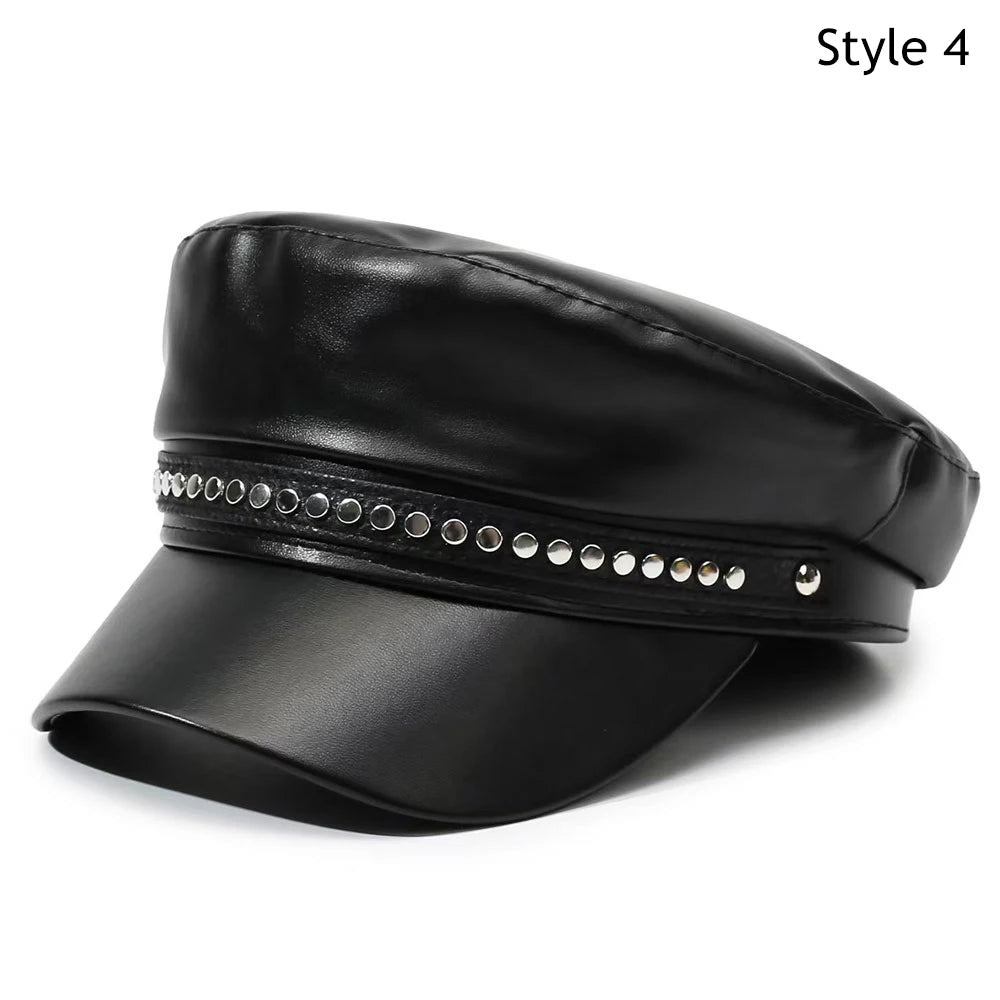 Black PU leather beret hat with a decorative silver studded band and a curved brim.