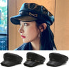 Black PU leather beret hat shown in various views and worn by a model.