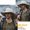 A man wearing a beige wide brim sun hat and backpack outdoors.