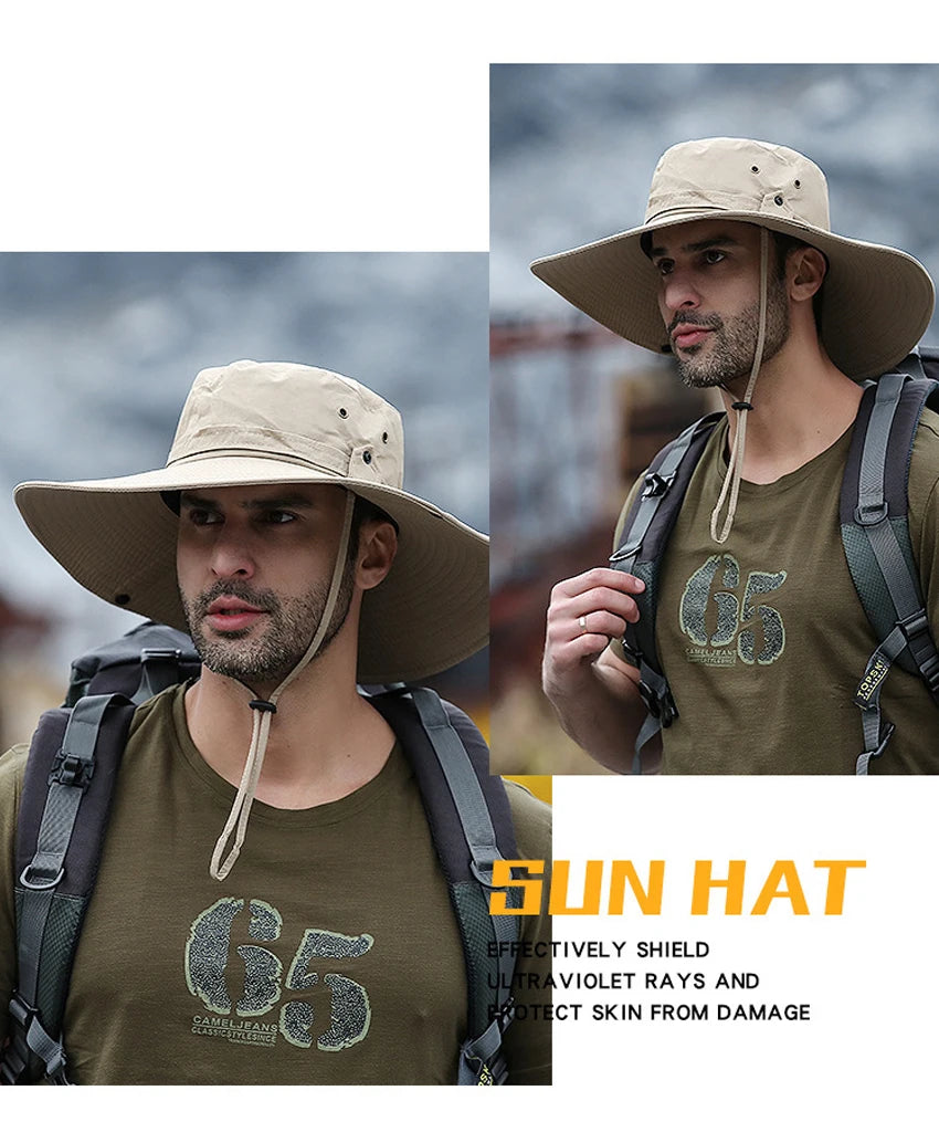 A man wearing a beige wide brim sun hat and backpack outdoors.