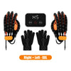 A set of black hand rehabilitation robot gloves with orange accents and a control panel.