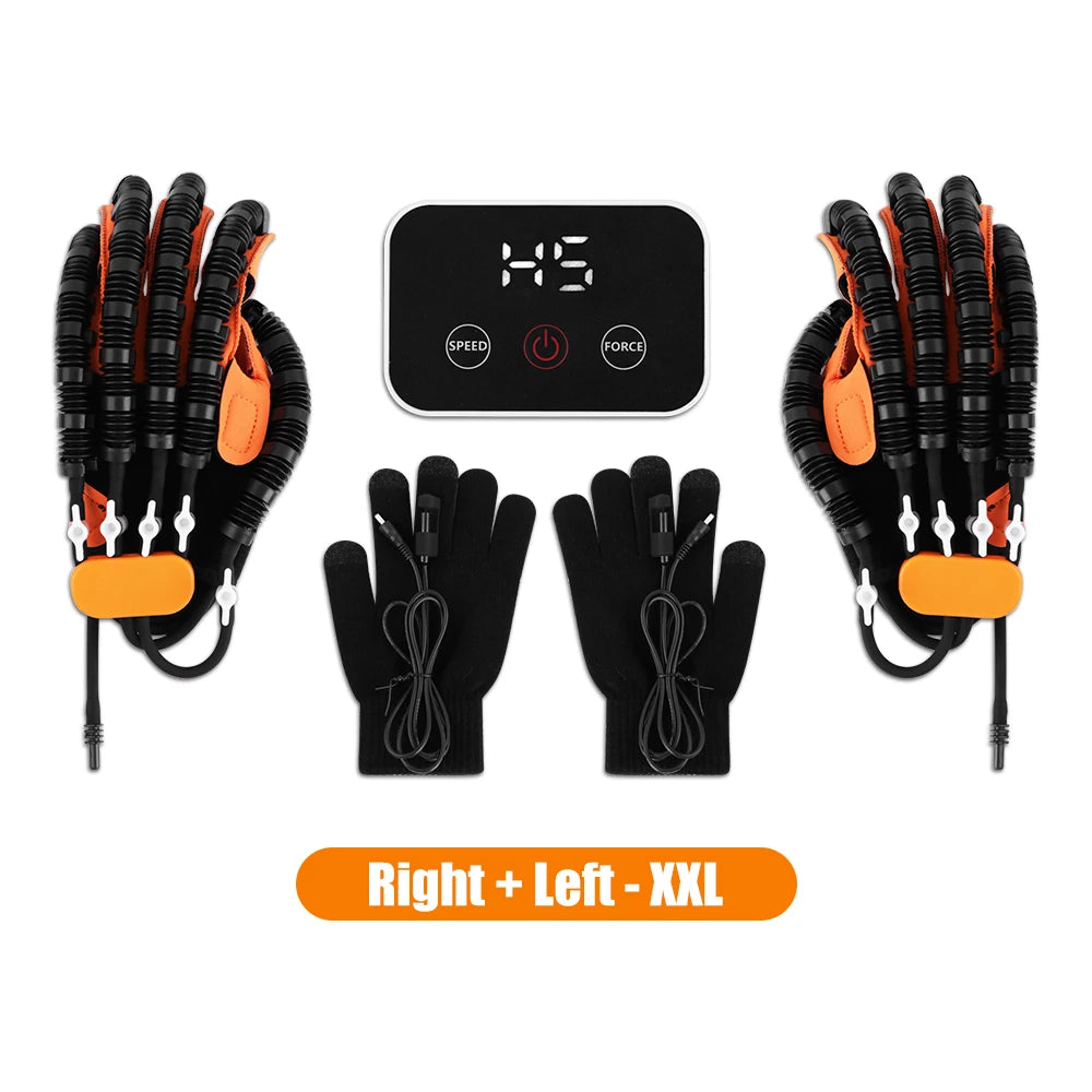 A set of black hand rehabilitation robot gloves with orange accents and a control panel.
