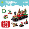 A set of 6 in 1 Christmas building blocks featuring a train, snow house, Santa, and deer figures.
