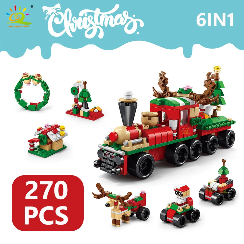 A set of 6 in 1 Christmas building blocks featuring a train, snow house, Santa, and deer figures.