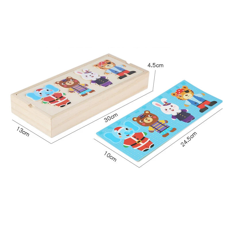 A wooden puzzle featuring bear and animal figures for children's dress-up play.
