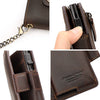 A brown Crazy Horse leather smart wallet showing various angles and features including a chain and RFID blocking technology.