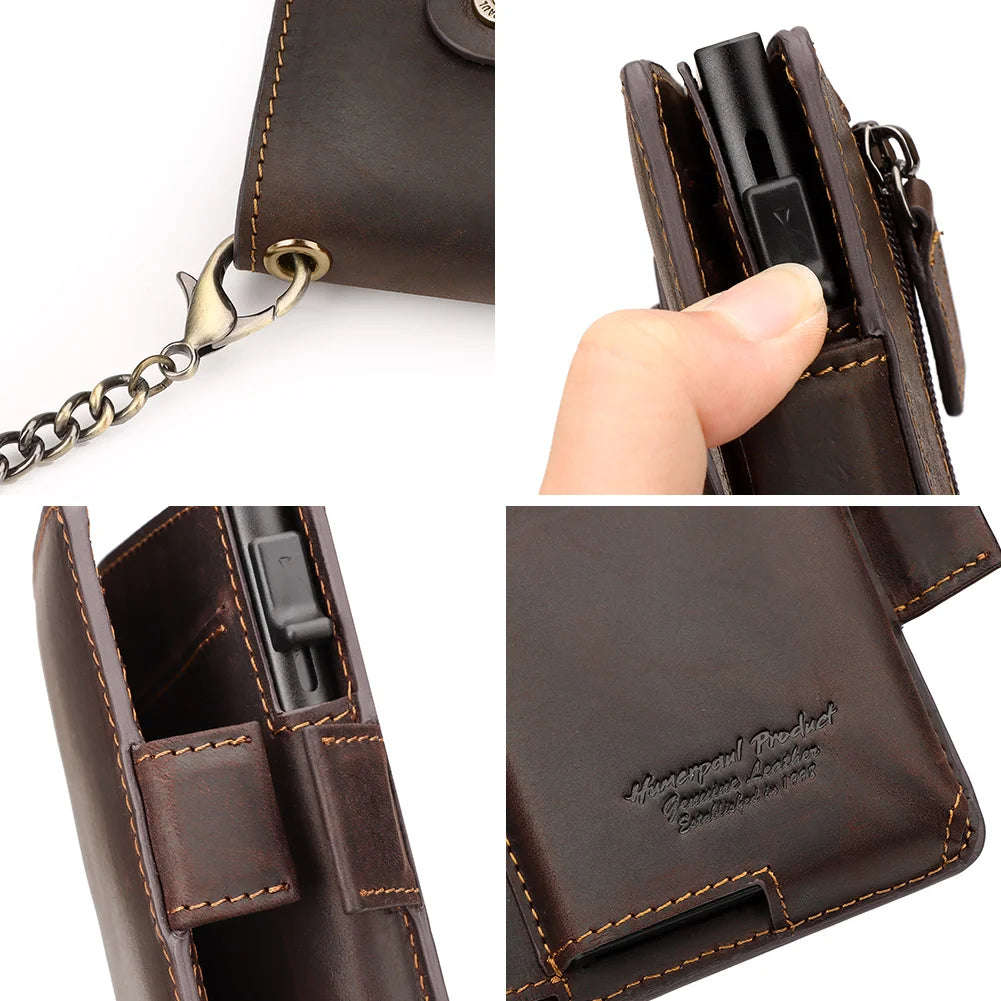 A brown Crazy Horse leather smart wallet showing various angles and features including a chain and RFID blocking technology.