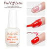 Bouteille de vernis à ongles Puente Peel Off, liquide rouge, avec exemples d'application sur un doigt.
