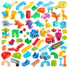 A collection of colorful marble run building blocks, tracks, and funnels for construction.
