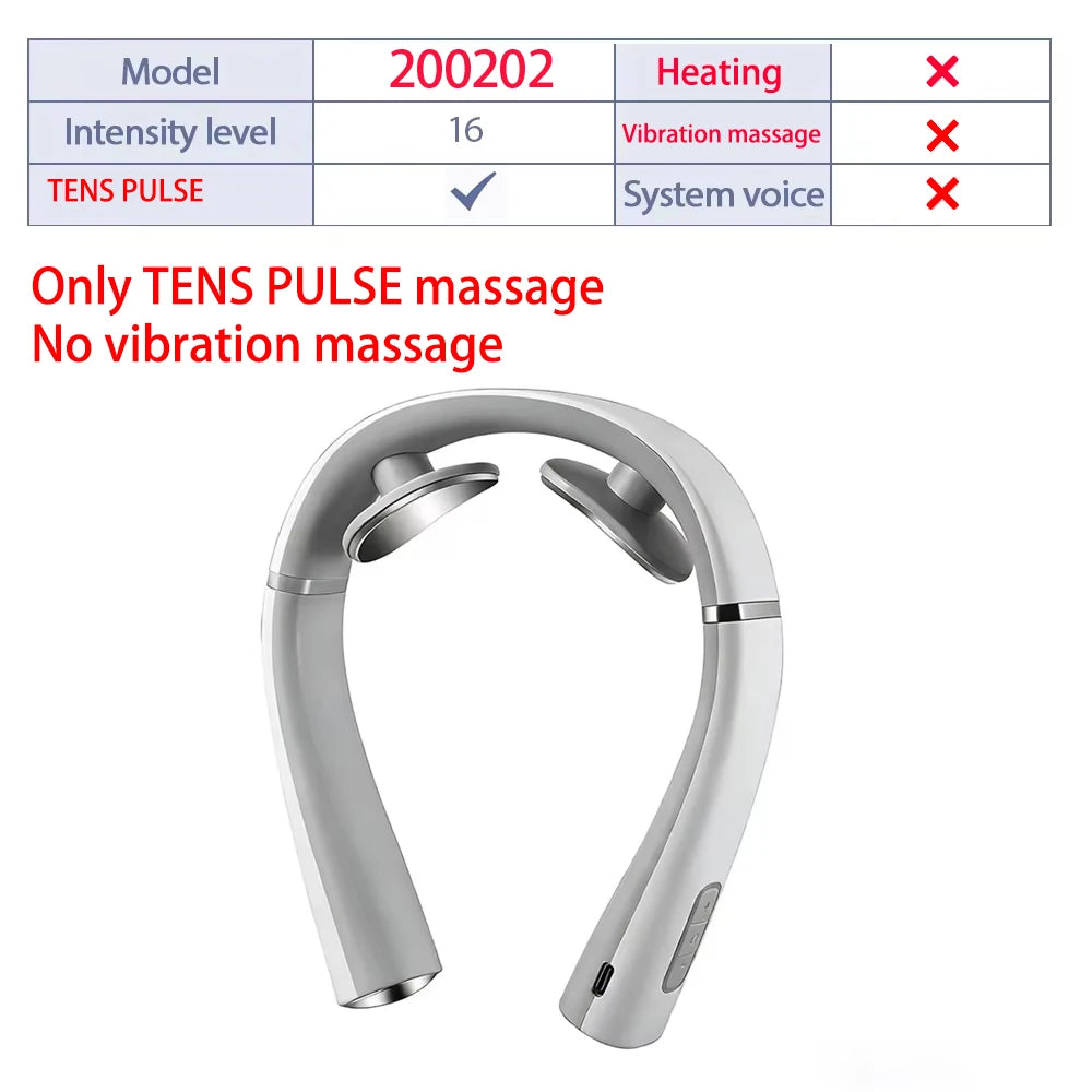 A white TENS pulse neck and shoulder massager device shown from the front.