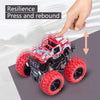 A red and blue pull-back stunt SUV toy car is shown being pressed and rebounding by a hand.