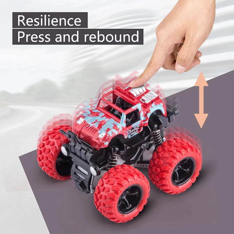 A red and blue pull-back stunt SUV toy car is shown being pressed and rebounding by a hand.