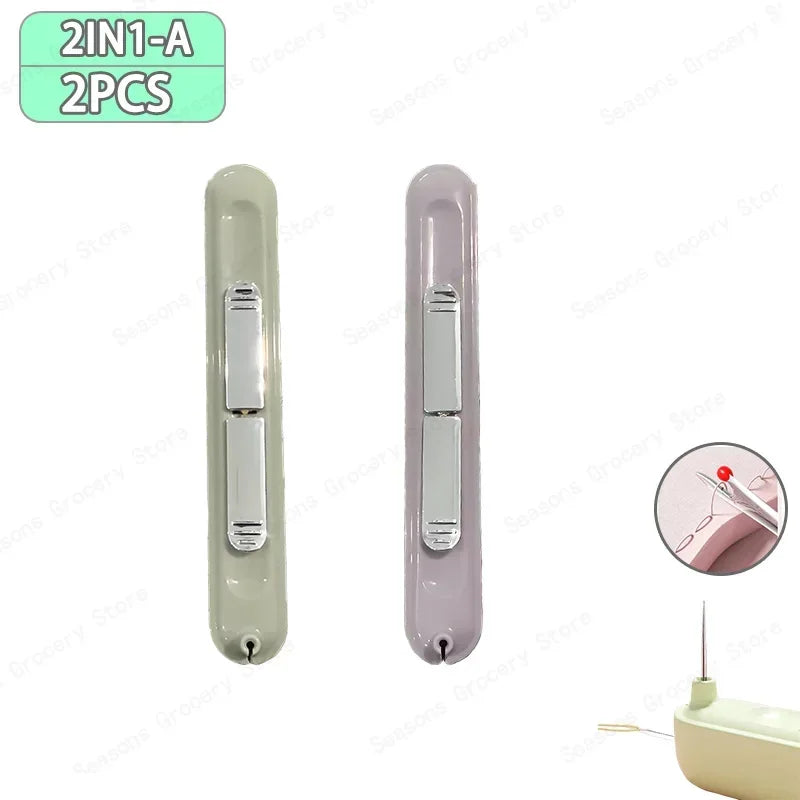 A pair of light purple and beige needle threader and seam ripper tools for sewing.
