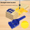 A straight hole locator tool used for drilling wood, featuring yellow and blue components.