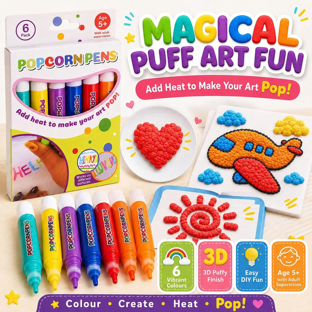 A set of Magic Popcorn Pens used for 3D puffy art fun with vibrant colours and heat to make cards and crafts.