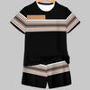 A black casual colorblock short sleeve tee and shorts set displayed on a hanger.