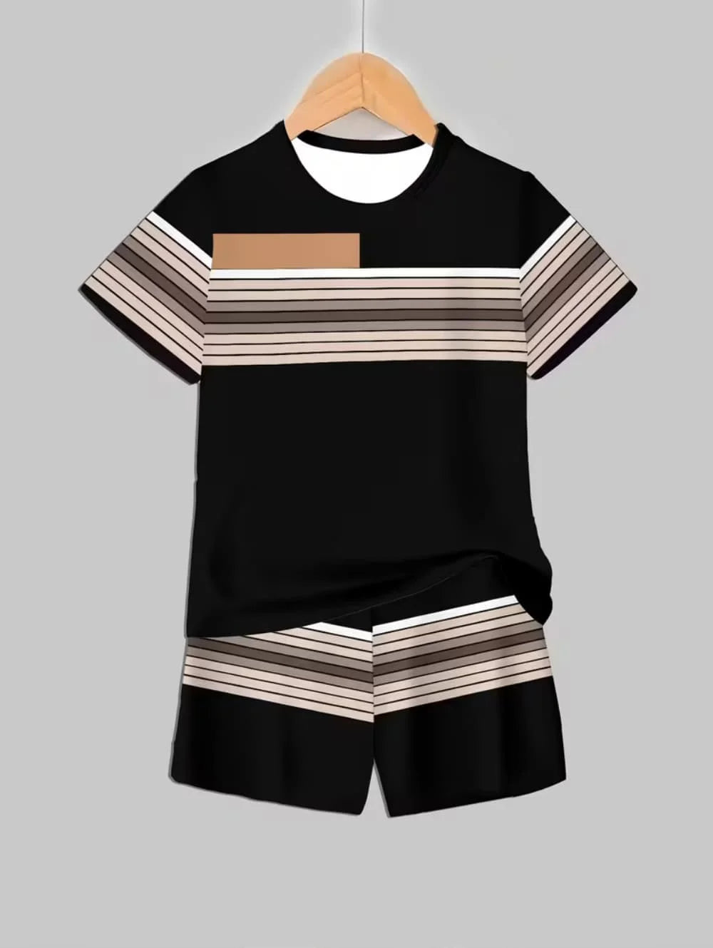A black casual colorblock short sleeve tee and shorts set displayed on a hanger.