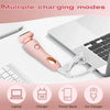 A pink electric hair removal and trimming device is shown next to a laptop, charger, power bank, and car charger.