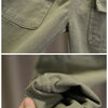 Close-up of olive green cotton cargo pants and shirt fabric details