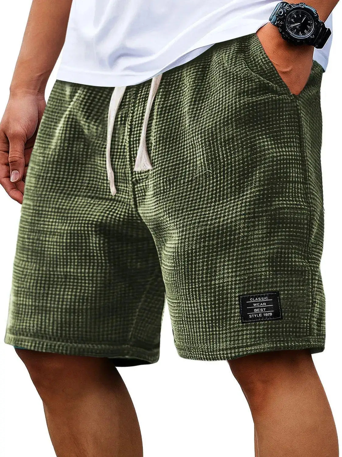 Shorts casuales para hombre con textura waffle y cordón ajustable en verde oliva