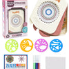 A set of geometric spirograph drawing tools including a storage box and various colored plastic designs for kids