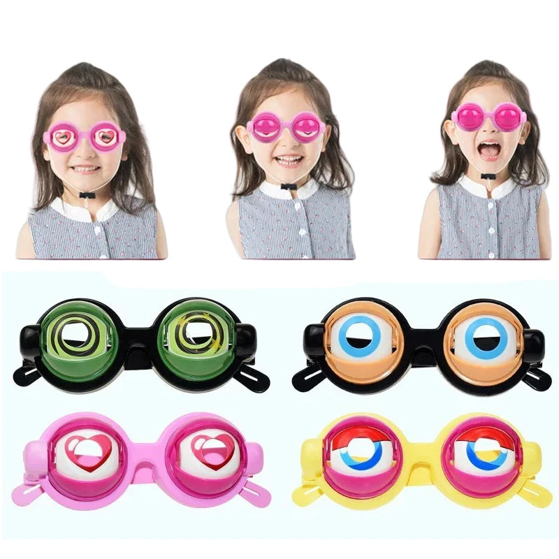 A set of colorful novelty glasses for party pranks and costumes shown on children.