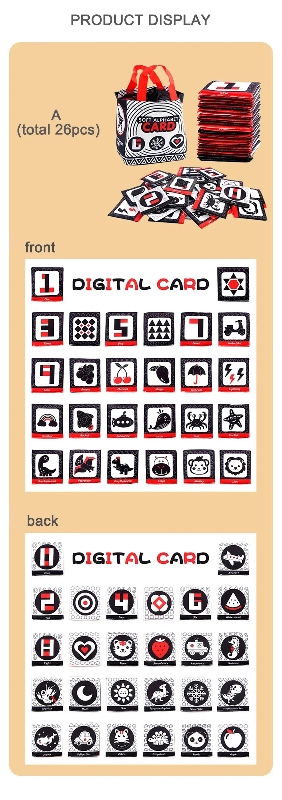 A set of 26 flash cards featuring letters and numbers in various designs, displayed with a storage bag.