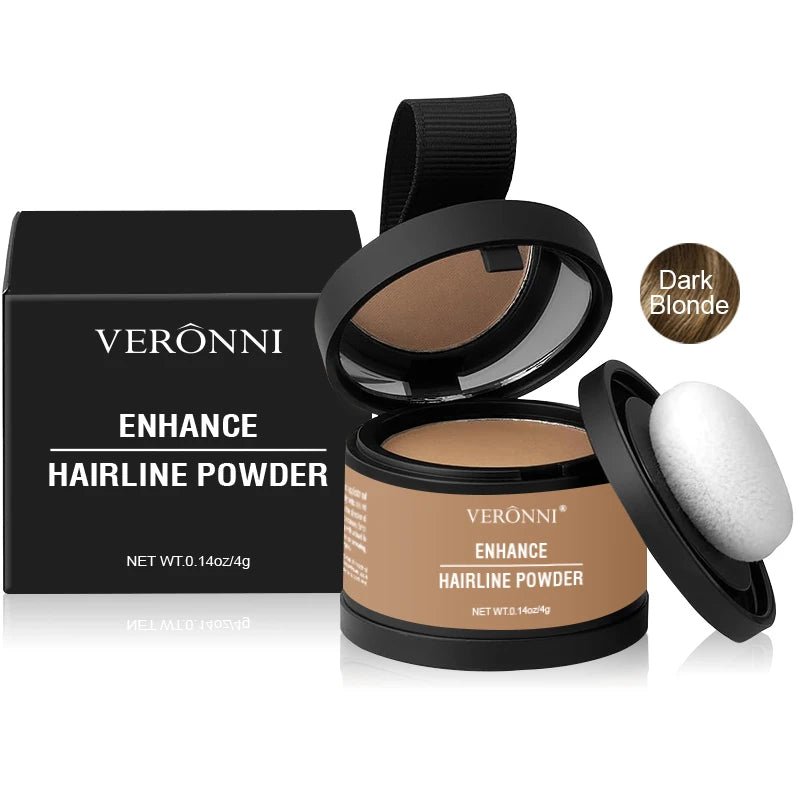 Veronni Enhance Hairline Powder in a black compact and applicator shown with a dark blonde swatch.