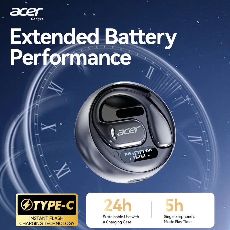 Gadget Acer avec batterie longue durée, étui de charge et spécifications d'autonomie
