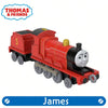 A red Thomas & Friends diecast train engine numbered 5 is shown on a track.