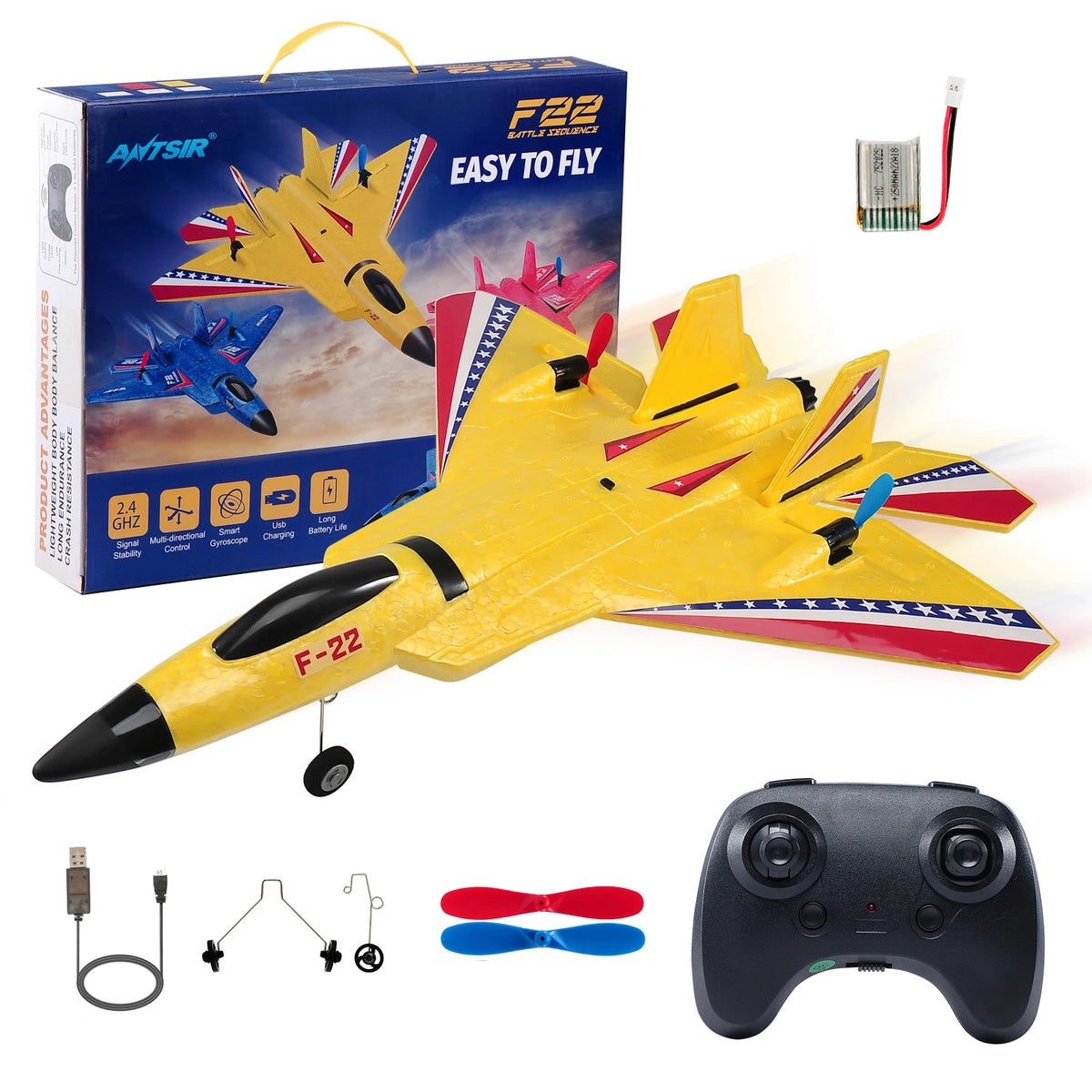 A yellow F-22 model airplane and its remote control transmitter are shown next to its packaging.