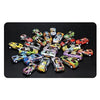 A collection of colorful diecast pull-back cars arranged on a black surface.