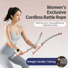 A woman demonstrates using a women's exclusive cordless battle rope for strength, aerobic, and training workouts.