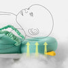 A diagram showing a breathable baby head protection pillow and a silhouette of a sleeping face.