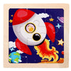 A wooden jigsaw puzzle featuring a white and red dinosaur character against a dark blue background.