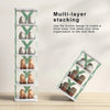 A multi-layer stacking shoe tower organizer made of white plastic, showing various shoes stacked vertically.