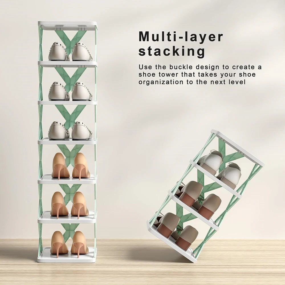 A multi-layer stacking shoe tower organizer made of white plastic, showing various shoes stacked vertically.