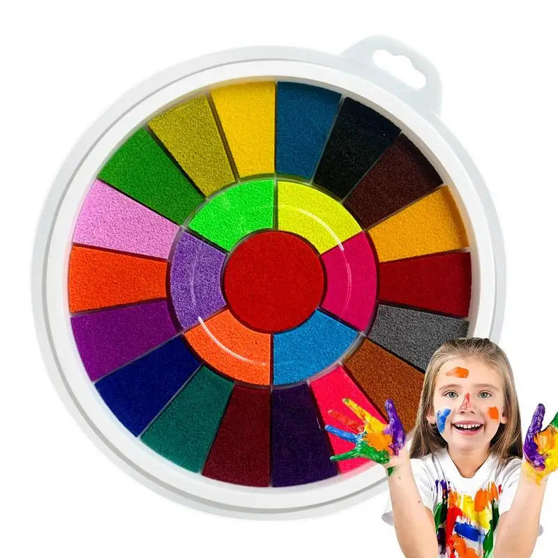 A colorful palette of paint colors arranged in a circular format with a smiling girl painting her hands.