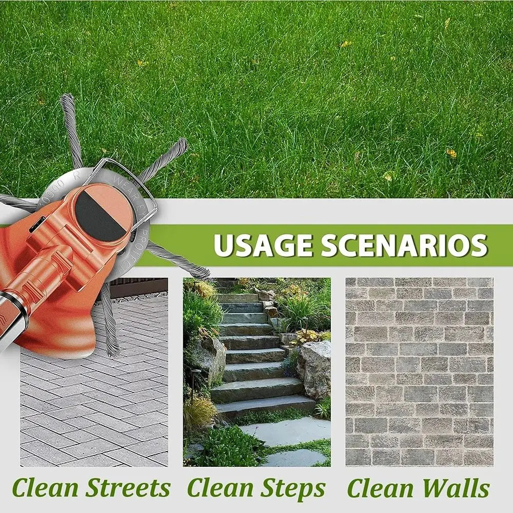 A steel wire brush trimmer head is shown with usage scenarios for cleaning streets, steps, and walls.