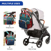 A gray baby carrier features a multi-use bag with a changing pad and USB port, shown alongside a shopping cart and backpack.